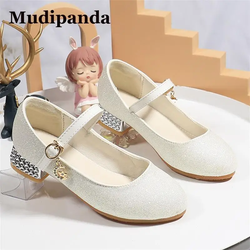 

Детские кожаные танцевальные туфли для девочек, обувь для выступлений из коровьей кожи на высоком каблуке с блестками, нескользящая вечерн...