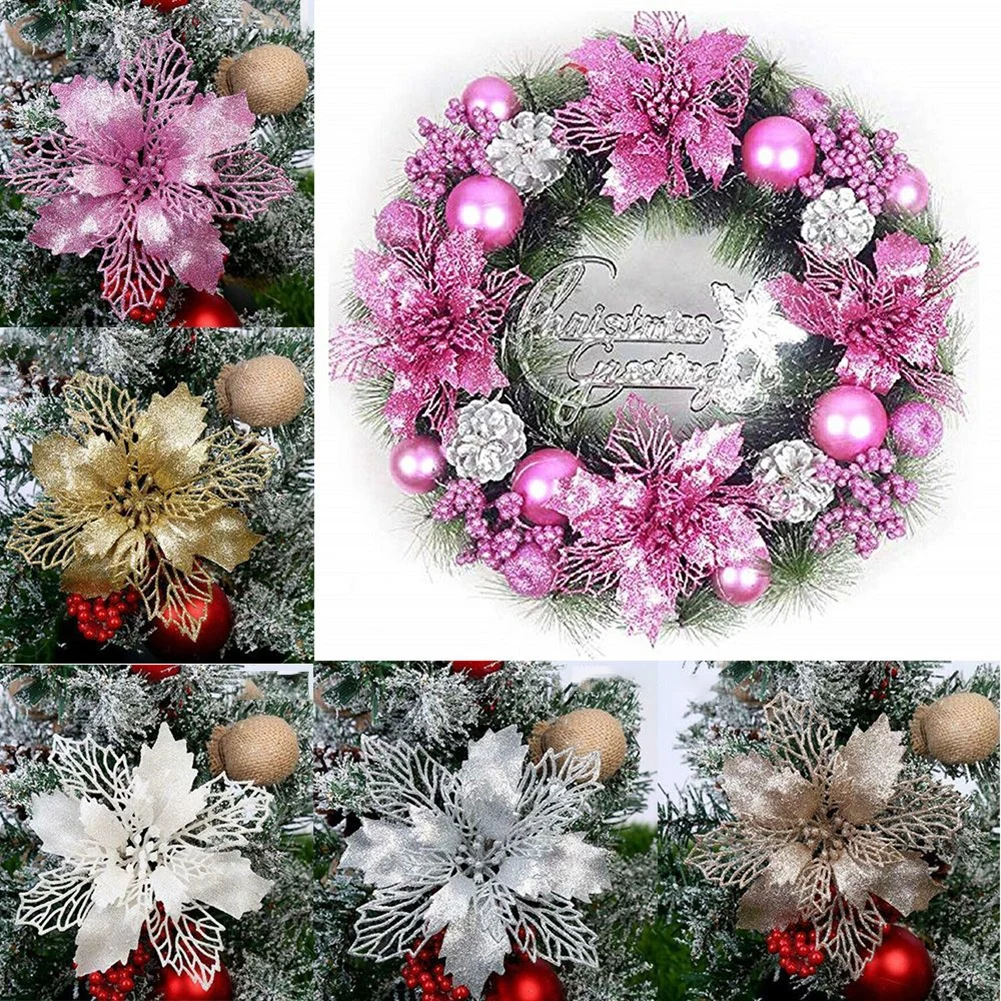 

1/5pcs Artificial Christmas Flowers Glitter Fake Flowers Christmas Tree Ornaments Merry Christmas Decorations For Home New Year