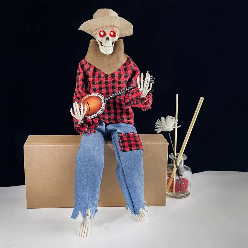 

Хэллоуин скальный певец череп статуя светящийся анимационный банджо скелеты для дома с привидениями садовая дверь Патио кладбище украшение