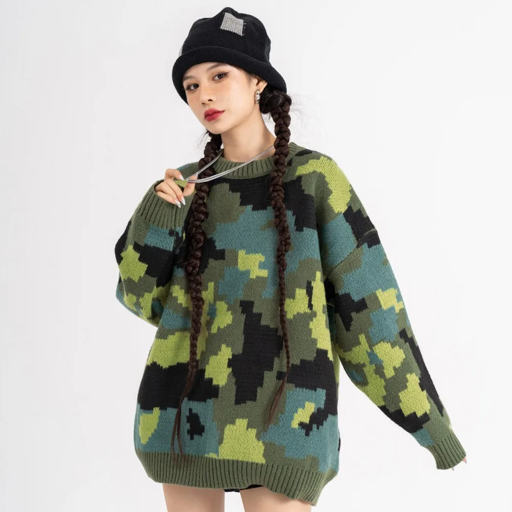 

Militray Camouflage Lover's Loose Sweaters for Women Men Couple Color Block Oversized Streetwear Winter Tops Pullover Aesthetic