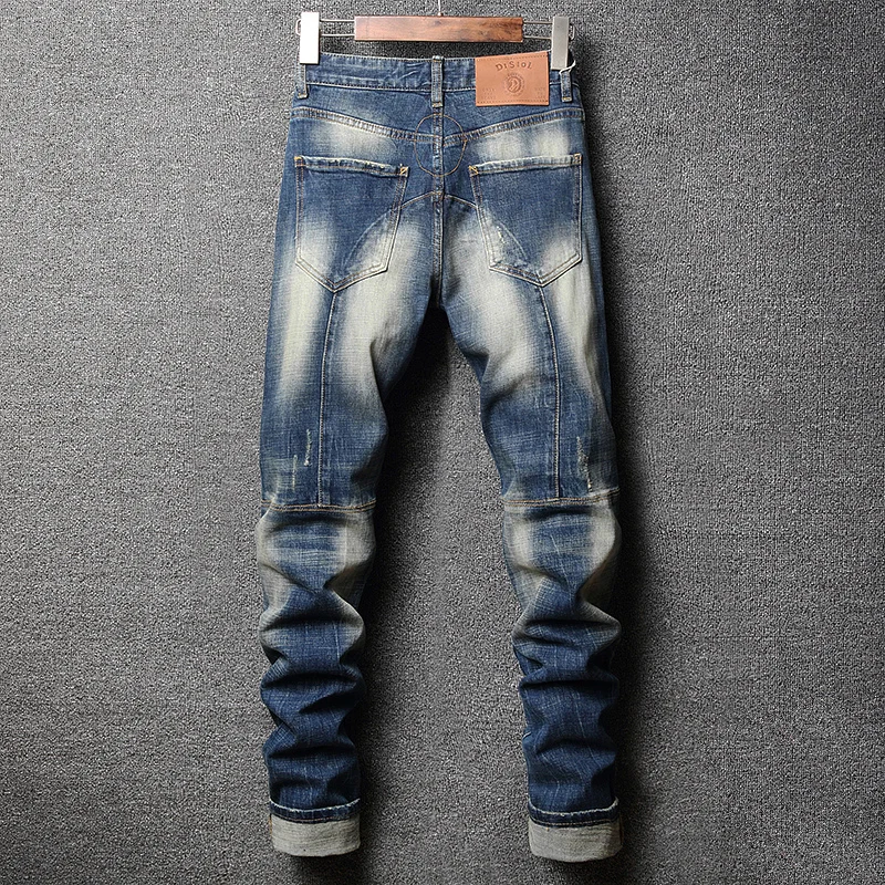 Streetwear Fashion Men Jeans Retro Blue Elastic Slim Fit Spliced Designer Vintage Ripped Jeans Men Hip Hop Biker Pants Hombre