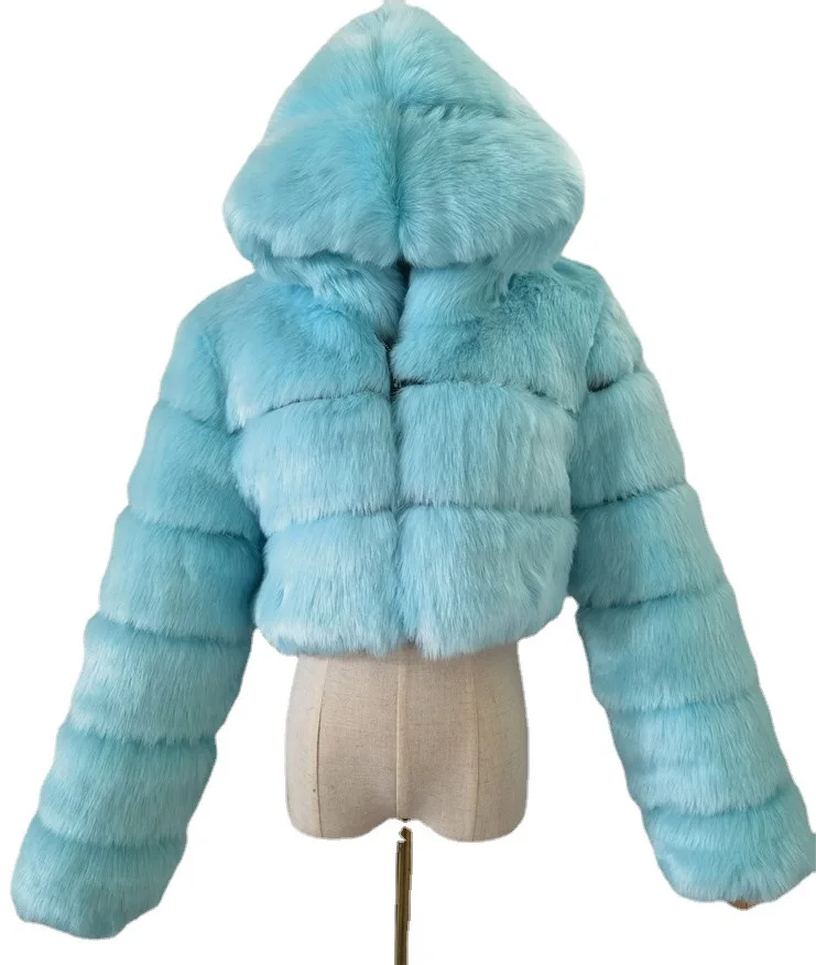 Fur coat patchwork with hat short long sleeved women's clothing