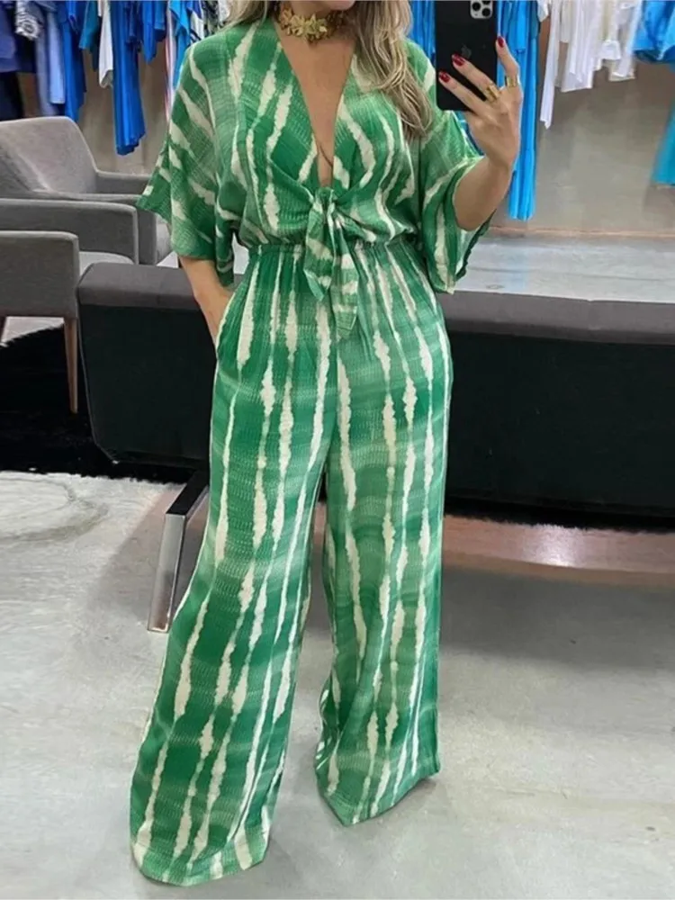 Летний комбинезон с принтом для женщин модный рукавами-лельманами и v-образным