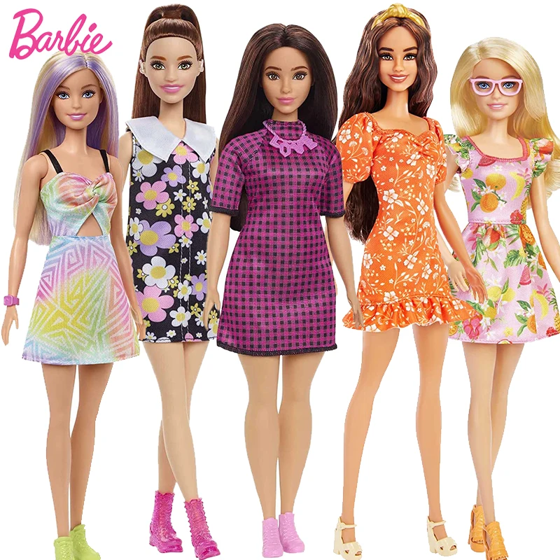Orijinal Barbie Fashionistas bebek ekose elbise ile tatlı günlük kıyafetler ve aksesuarları 1/6 oyuncak kızlar için gökkuşağı baskı çocuk hediye
