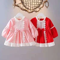 2022 girl baby spring and autumn dress childrens princess dress solid color bow decoration lovely girl dress