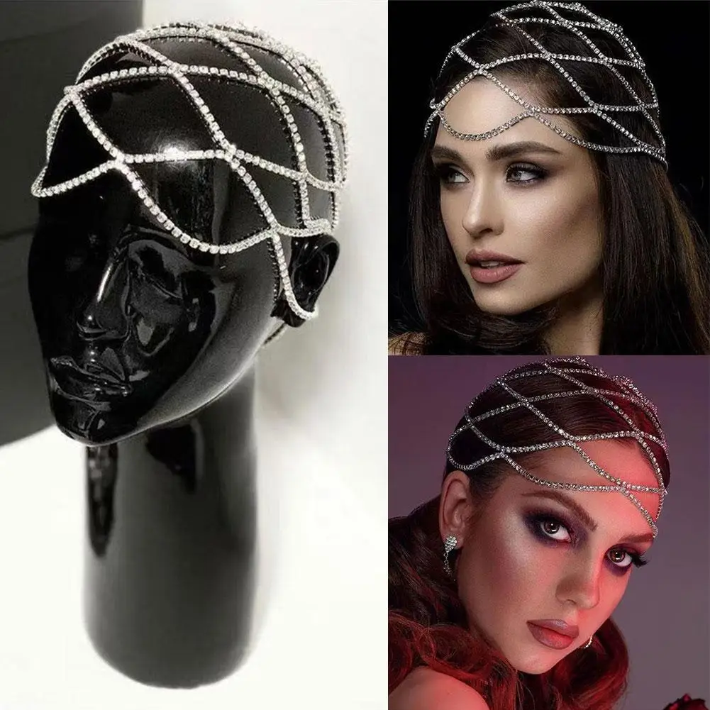 Hollow Rhinestone Mesh Headpiece Wedding Bridal Head Chain Jewelry For Women Luxury Crystal Headband Head Hat Hair Accessory