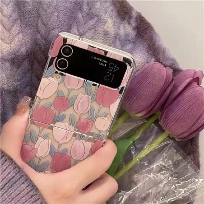 Small Fresh Tulip Flower Pattern Suitable for Samsung Galaxy Z Flip3 Z Flip4 Folding Phone Case Transparent Anti Drop Hard Case