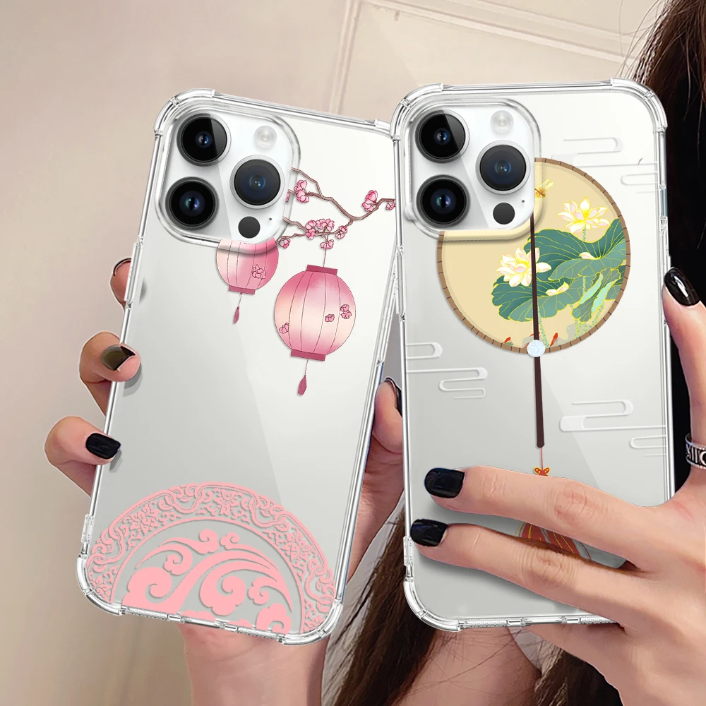 Чехол в китайском стиле с фонариками для iPhone 14 13 Pro Max Mini XR XSMax 7 8 Plus SE прозрачный