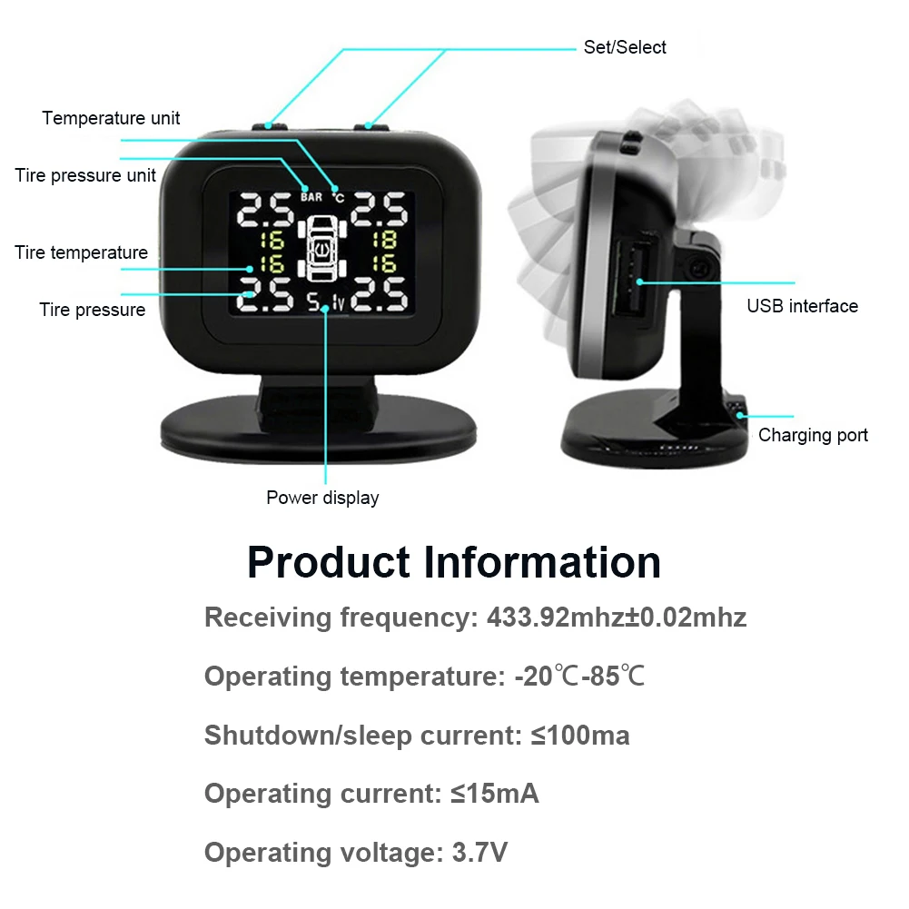 

Car TPMS Tire Pressure Monitoring System External USB Rechargeable with LCD Tire Pressure Temperature Alarm System with 4 Sensor