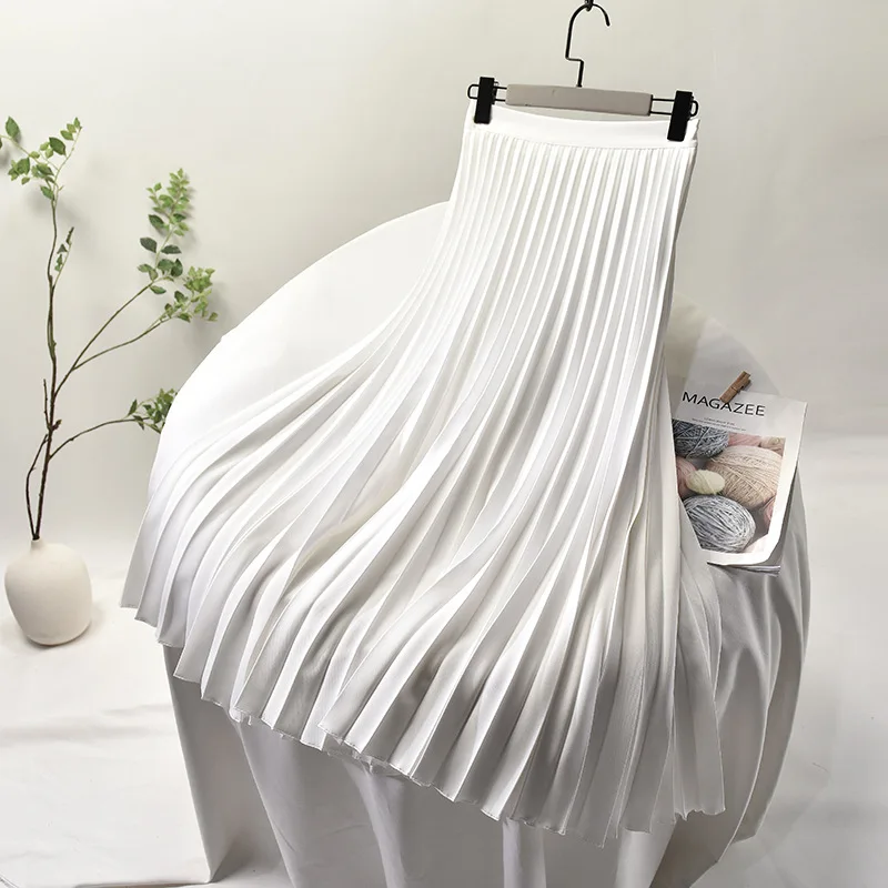 Women's Elegant Sector Pleated Twill Skirt With Chiffon Liner Female High Waist Side Zipper White Long Skirts 2022 Spring