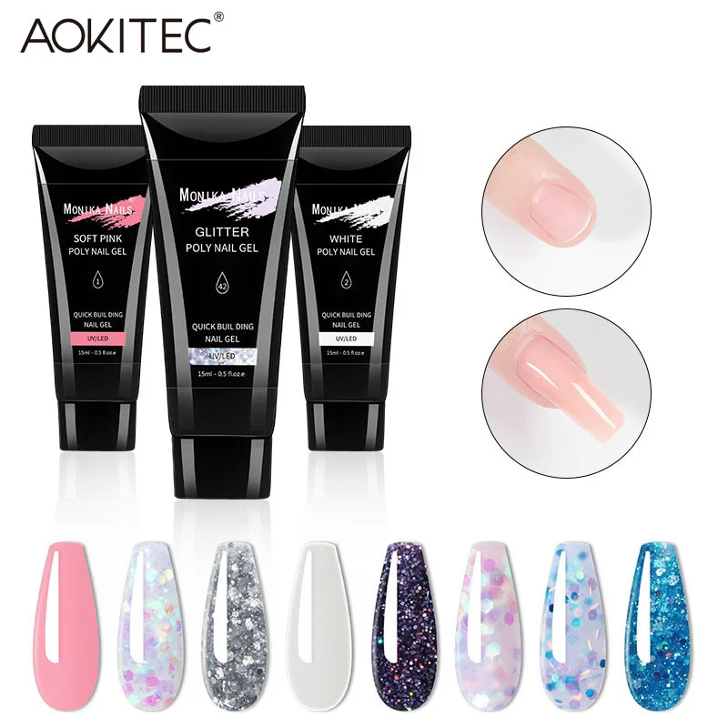 

Aokitec 15 г блестящий гель для наращивания ногтей полигель для ногтей розовый прозрачный лак для наращивания акриловый Кристальный гель для бы...