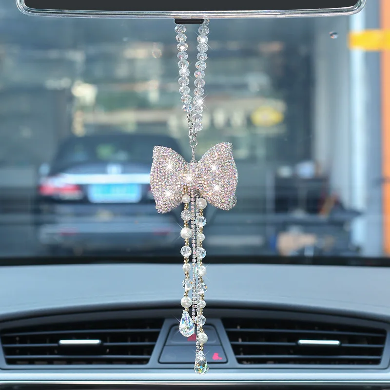 

Luxury Diamond Crystal Car Pendant Crystal Bow Tie Rearview Mirror Hanging Chain Car Ornaments Accessories Girl's Gifts