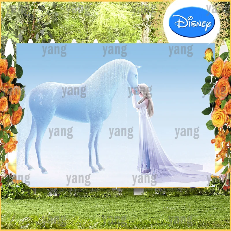 

Custom Cartoon Cute Disney Frozen Princess Magic Ice Horse Birthday Party Blue Backdrop Photography Background