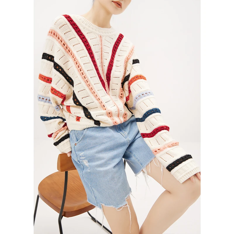 

Autumn Winter 2022 New Sweater Women 69% Cotton Crochet Indie Folk Striped Loose Pullover Blusa De Frio Feminina