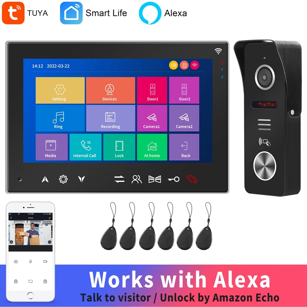 Домофон с видеокамерой HomeFong WiFi Tuya Smart Intercom Doorbell Camera, совместимый с Alexa, домашняя безопасность, запись разговоров, открытие 2 замков на RFID.