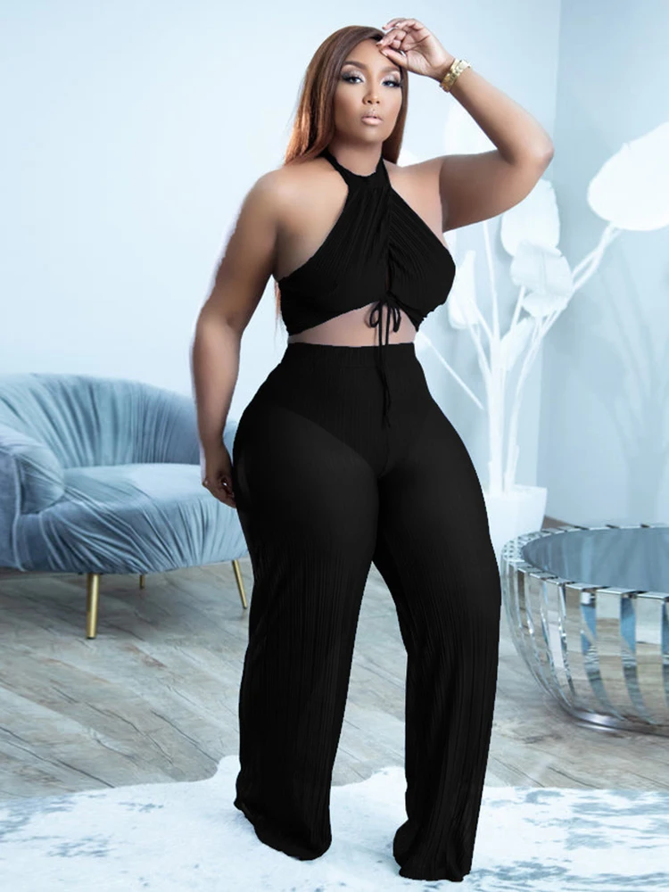 

Mesh Sheer Chiffon Two Piece Sets Women Halter Neck Sleeveless Drawstring Crop Top + Long Perspective Pants Female Tracksuit Y2k