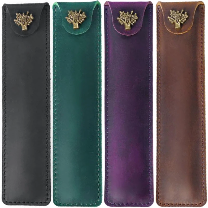 Genuine Leather Pen Pouch Holder Single Pencil Bag Case With Snap Button For Rollerball Fountain Ballpoint