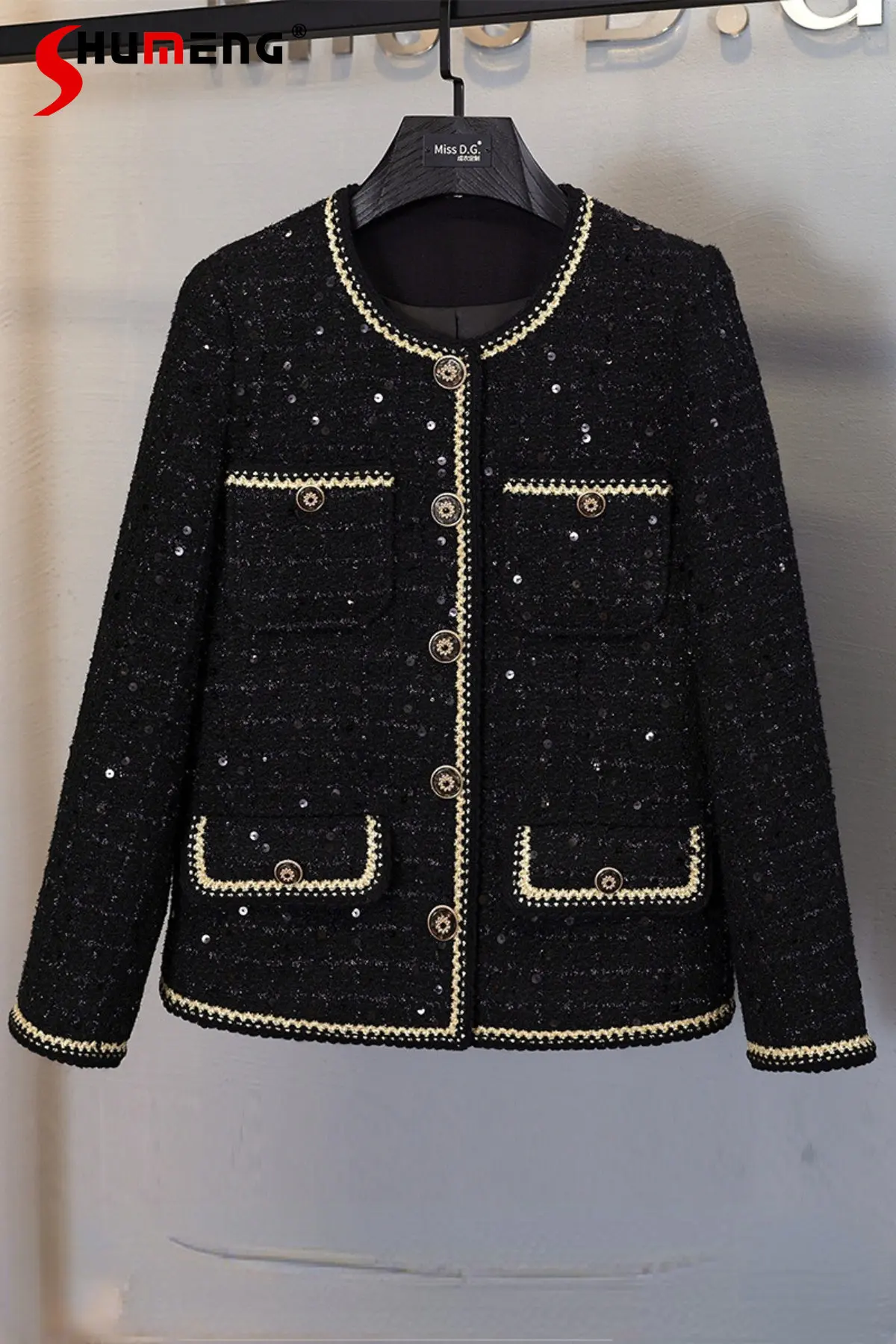 

Женская твидовая шерстяная куртка, элегантная простая однотонная офисная куртка с блестками и круглым вырезом, верхняя одежда для зимы 2022