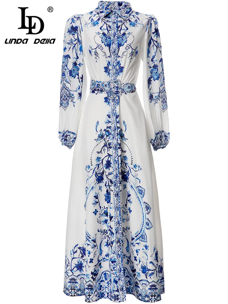 

LD LINDA DELLA модное дизайнерское весеннее платье для женщин с рукавом-фонариком голубое и белое фарфоровое Платье с принтом богемное длинное пл...