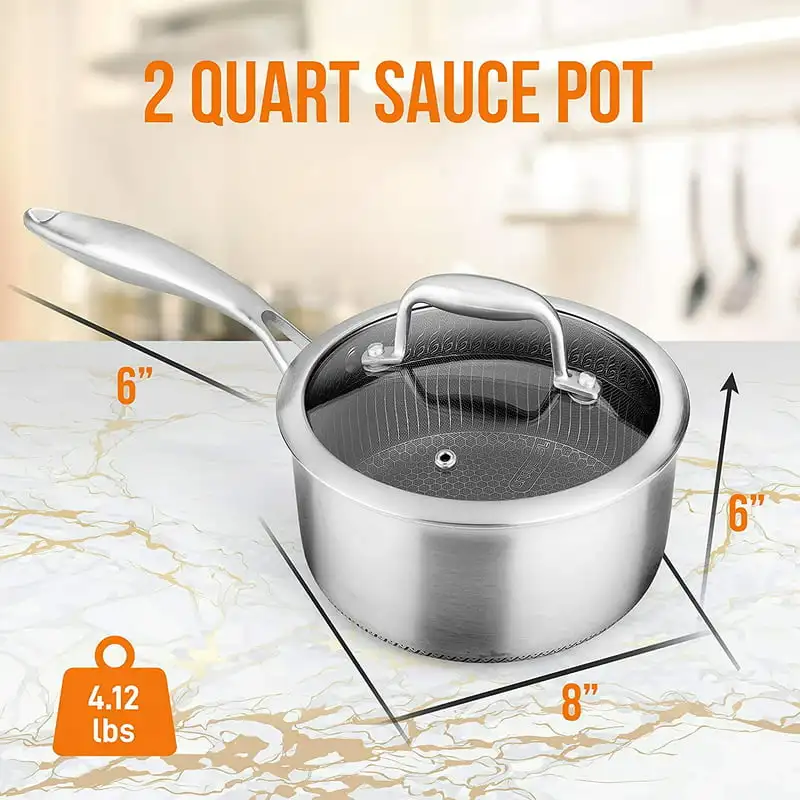 

2023 New 2 QT Stainless Steel Triply Sauce Pot with Glass Lid DAKIN Etching Non-Stick Coating Soup Pot Noodles Saucepan Noodle H
