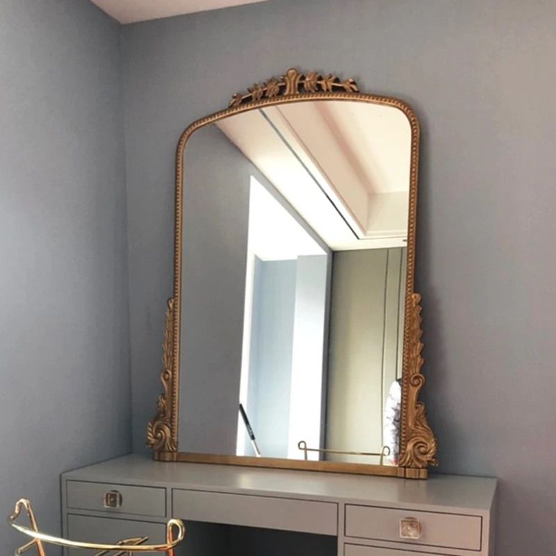 Espejo de maquillaje grande para dormitorio, tocador Vintage, estilo nórdico, diseño de marco dorado, accesorios para el hogar