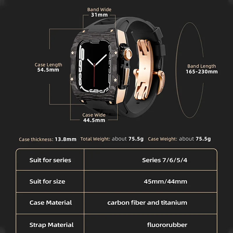 Carbon Fiber Case for Apple Watch 7 45mm 44mm Fluororubber Strap Luxury Set Frame Bezel Modification Kit for IWatch 8 7 6 5 4 SE