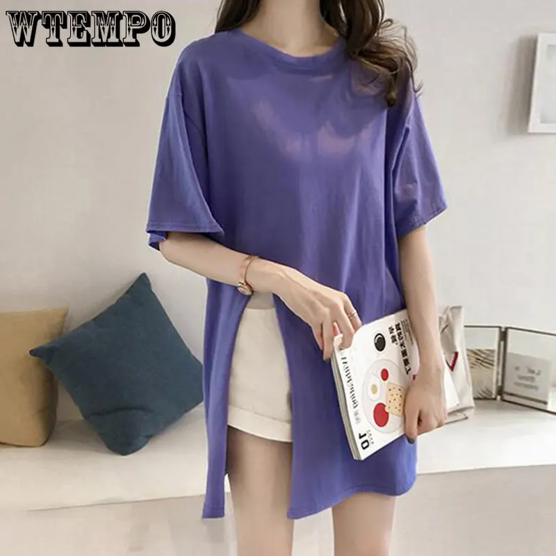 

WTEMPO Harajuku Summer Tshirt Loose Casual Women Short Sleeve Tops Tees T Shirts Side Slit Solid Color Basic T-Shirt