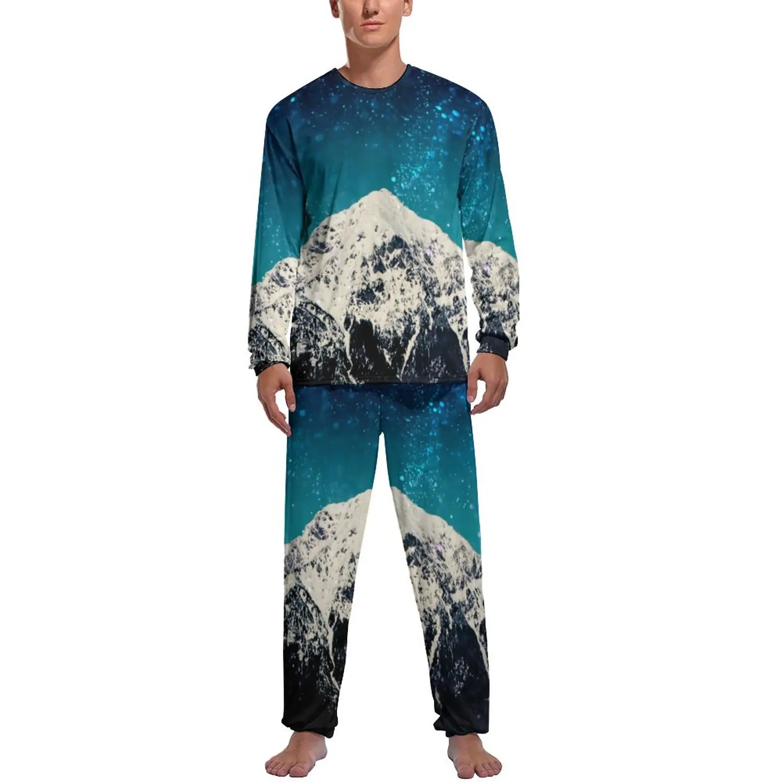 Galaxy Mountain Pajamas Daily Starry Space Print Casual Home Suit Men 2 Piece Custom Long-Sleeve Retro Pajama Sets