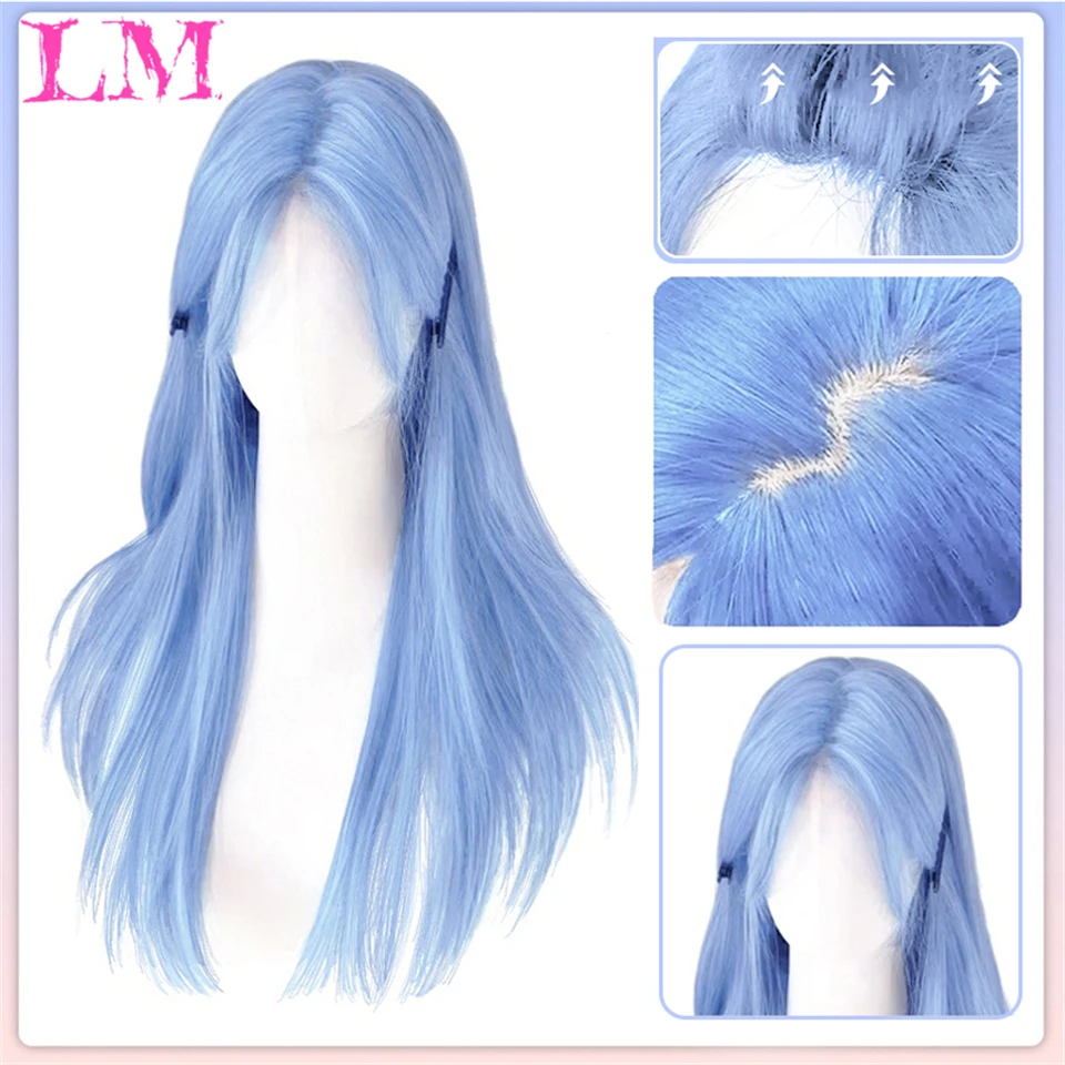 LM Synthetic Wig Long Straight Wigs Light Blue Black For Women Heat Resistant Cosplay
