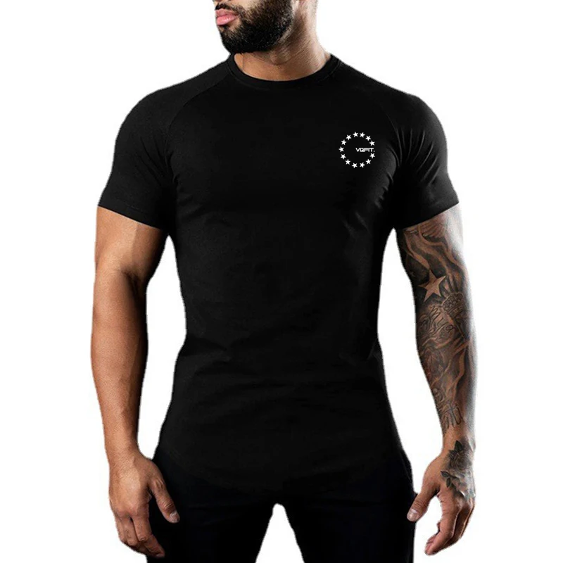 

Summer Breathable Cool Feeling Gym Fitness Short Sleeve T-shirt Men Casual Fashion Print O Neck Cotton Slim Fit Muscle Clothing