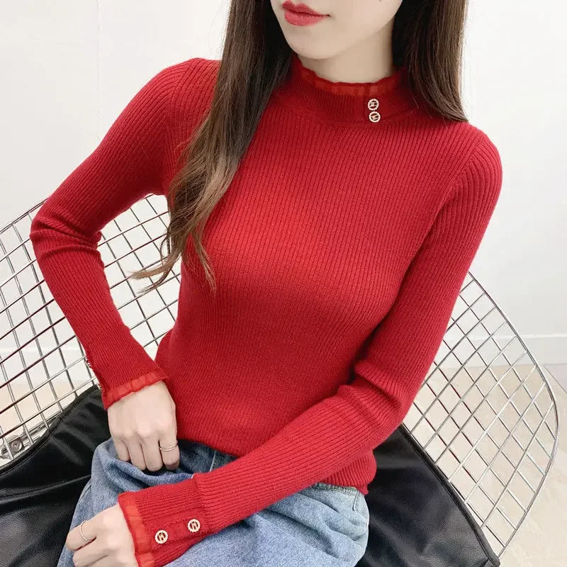 Женское осенне-зимнее Новое полуполо с высоким воротом и длинным рукавом вязаный