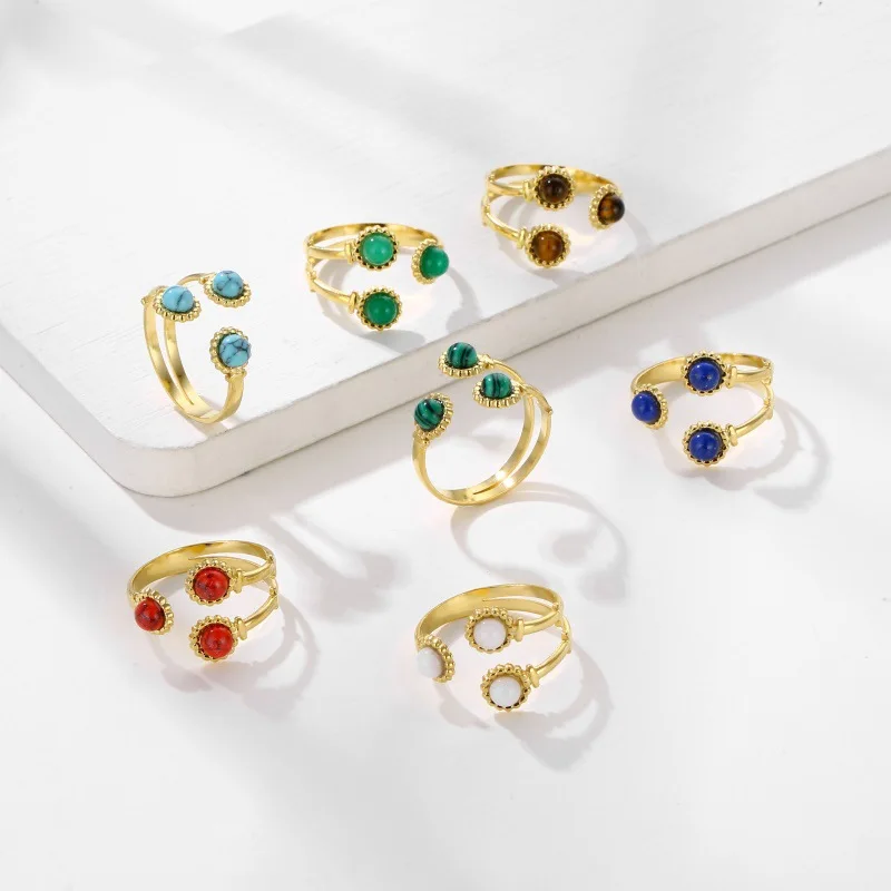 

Personality Simple Turquoise Inlay Opening Rings for Women Fashion Ins Stainless Steel Natural Stone Inlay Finger Rings Jewelry