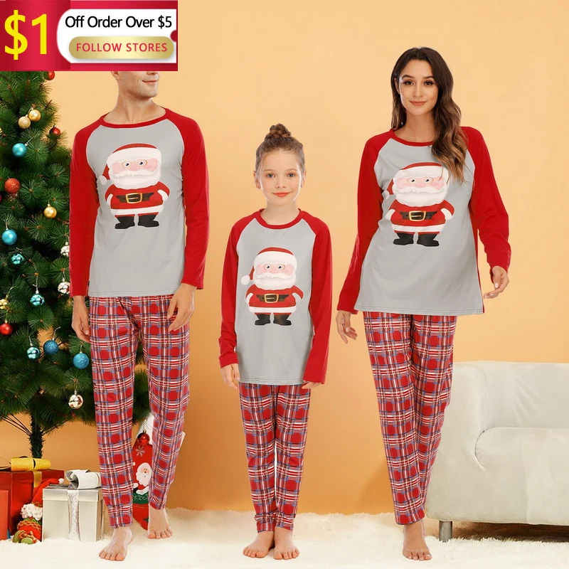 

Взрослая и детская Рождественская Пижама, пижама из 2 предметов с длинным рукавом, повседневный комплект с принтом Санты, пижама и брюки
