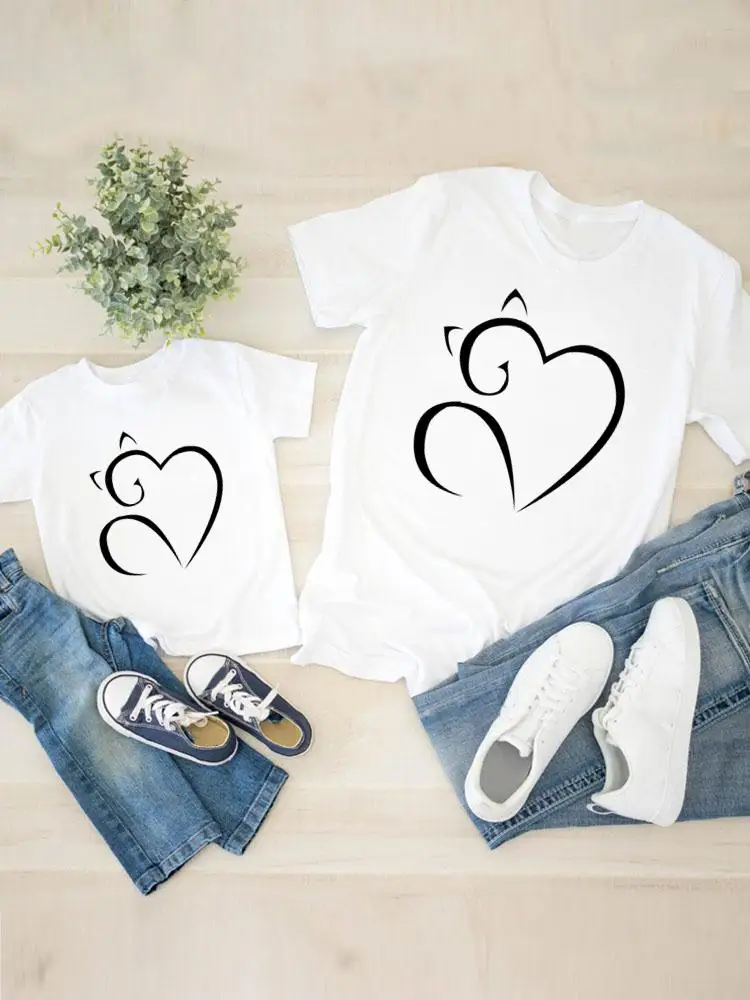 

Women Child Kid Cat Print Fashion Casual Clothing Graphic T-shirt Tee Boy Girl Summer Mom Mama Clothes Family Matching Outfits