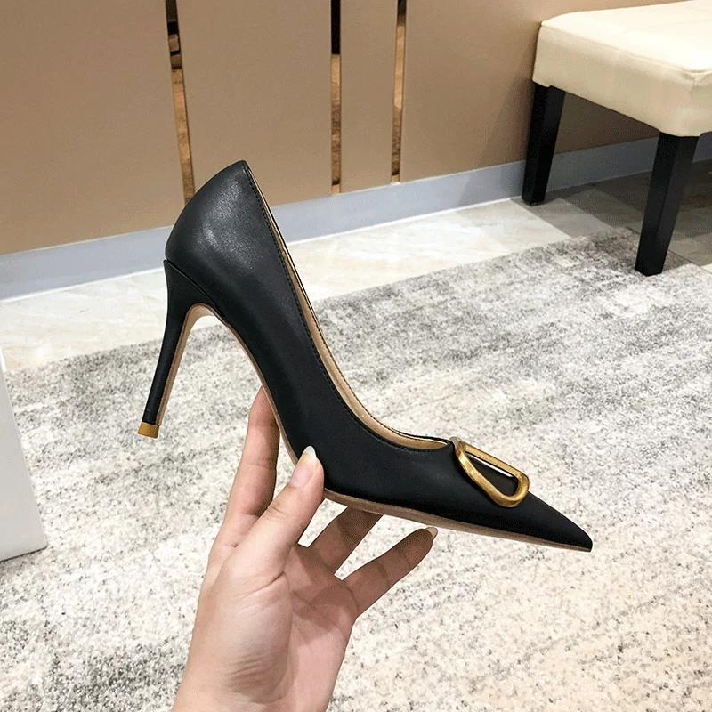 

2021 summer new style fashion women pumps black matt leather buckle pointy toe stiletto stripper High heels shoes