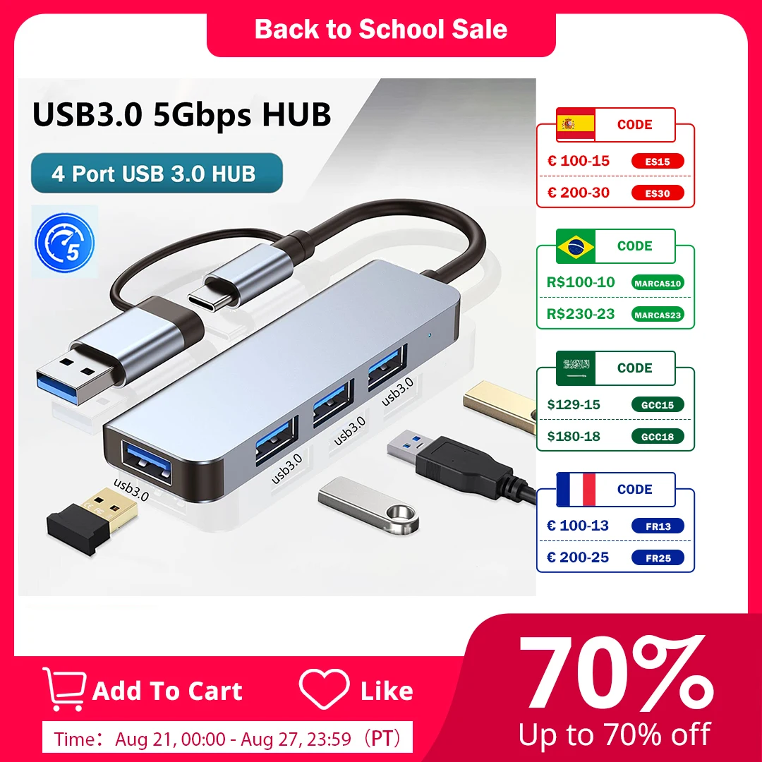 

MacBook, Mac Pro/Mini, iMac, Ps4, PS5, Laoptop USB Hub 3.0 with 4 Ports Aluminum USB C to USB 3.0 Hub USB Splitte