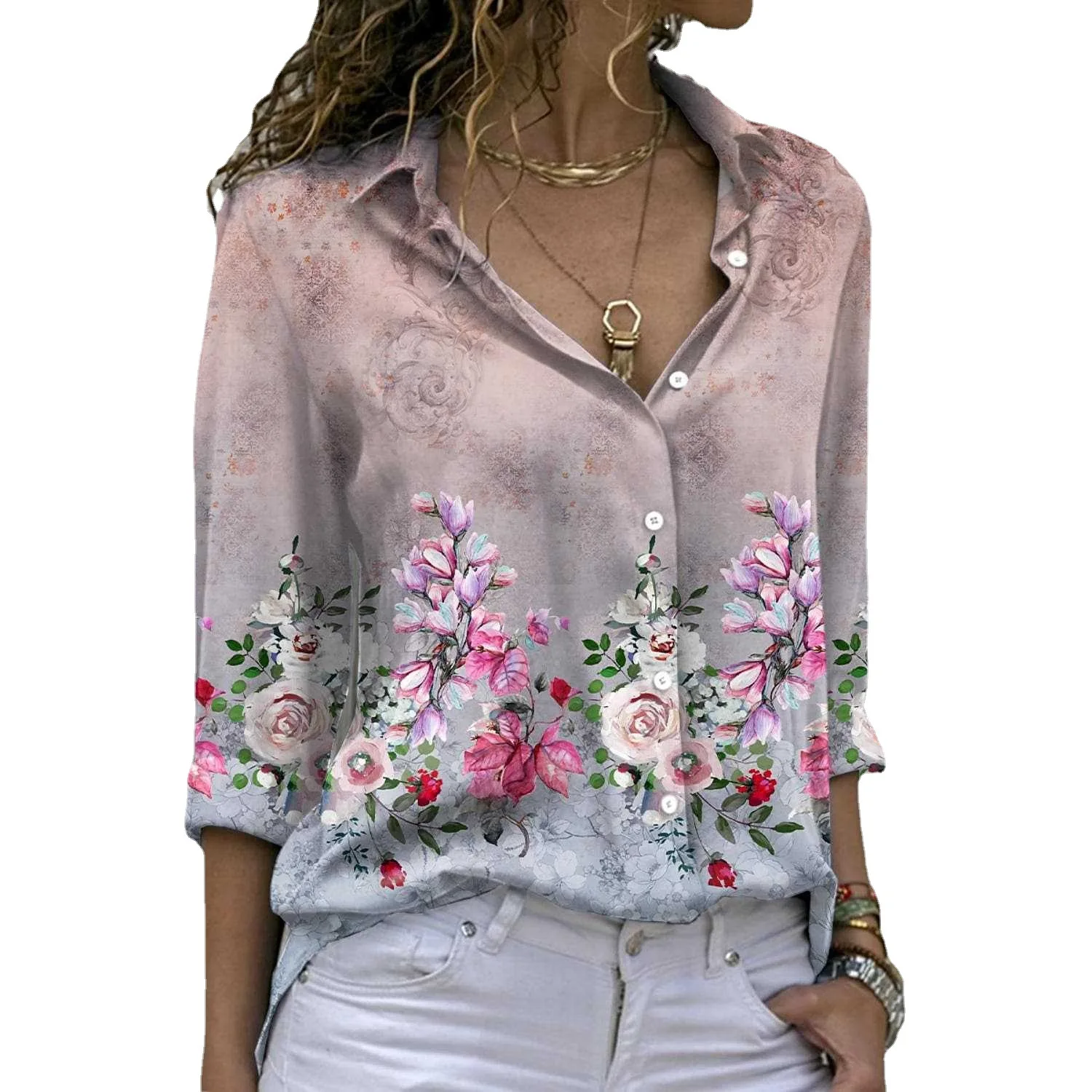 

2022 Spring Summer Women New Long Sleeve Tops Lapel Shirt Retro Flowers Cardigan Buttons Ladies Fashion Loose Shirt Streetwear