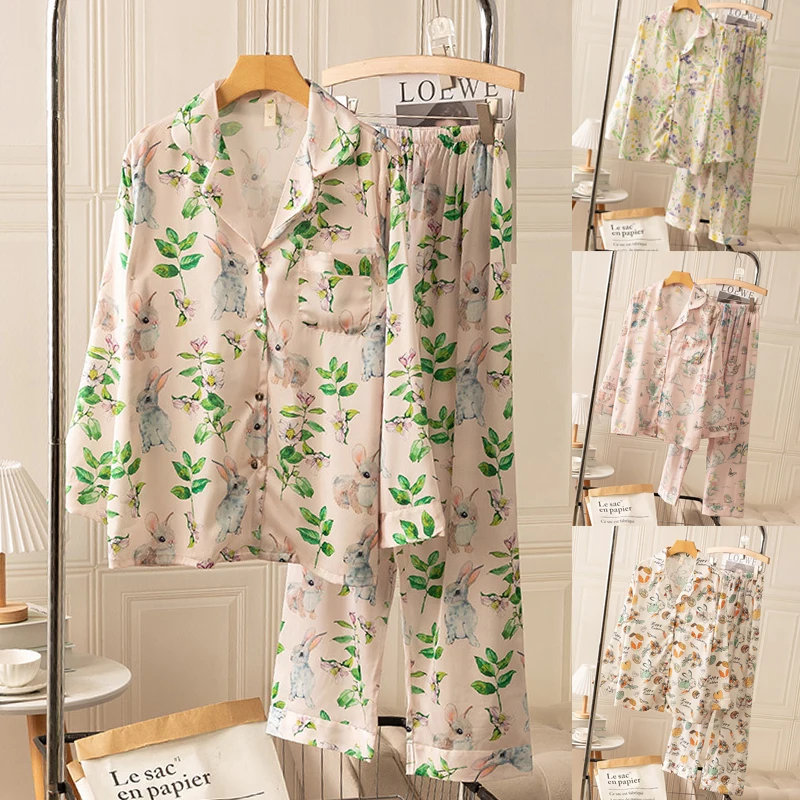 

Пижама женская с принтом, Шелковый Пижамный костюм, кардиган с цветочным принтом, брюки, Повседневная Домашняя одежда, можно носить на улице, одежда для сна, 2 шт.