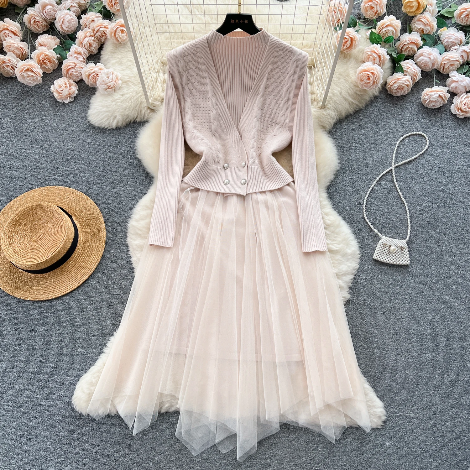 

Autumn Winter Long Mesh Dress Sets for Women Knitted Tank Tops + Long Sleeve Bodycon Tulle Stitching Dresses Sweet New In Chic