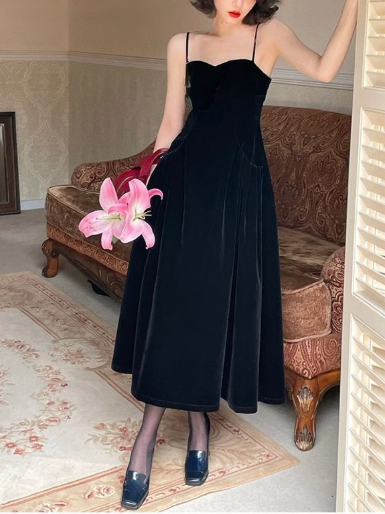 

Elegant One Piece Dress Korean Fashion Office 2022 Summer Casual Pure Color Midi Strap Dress Vintage Evening Party Dress Woman