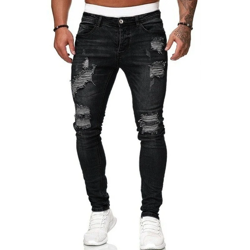 2022 Autumn and Winter European and American Fashion Ripped White Solid Color Denim Trousers Men's Slim Zipper Pencil Pants