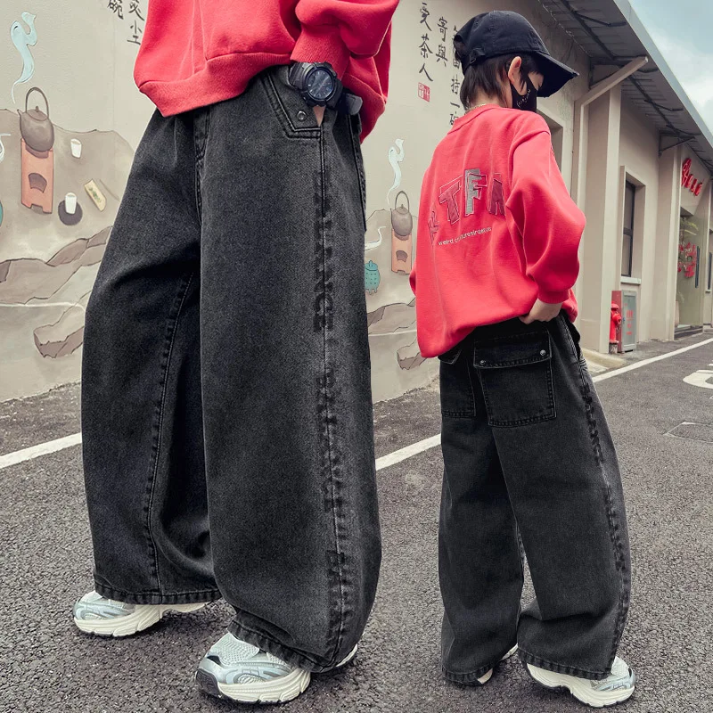 Фото Детские черные джинсы, весенне-осенние детские прямые брюки с большими карманами, свободные брюки для мальчиков, широкие брюки для подростков, От 4 до 15 лет №2