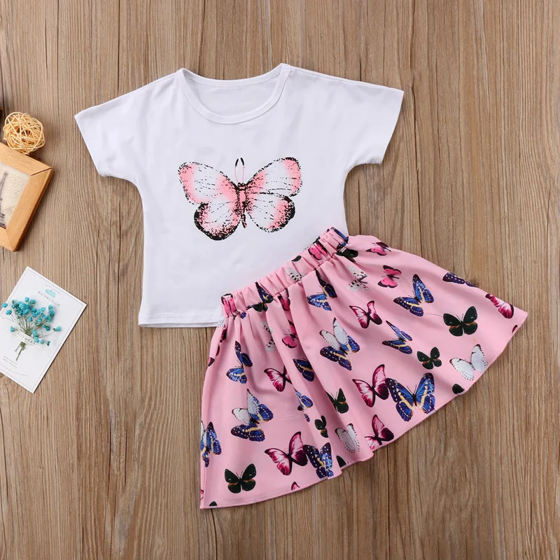 

Kids Clothes Summer Fashion Cute Infant Baby Girls Cotton Short Sleeve O-Neck Pullover Butterfly Print Tops Skirt Outfit 2p 1-7Y