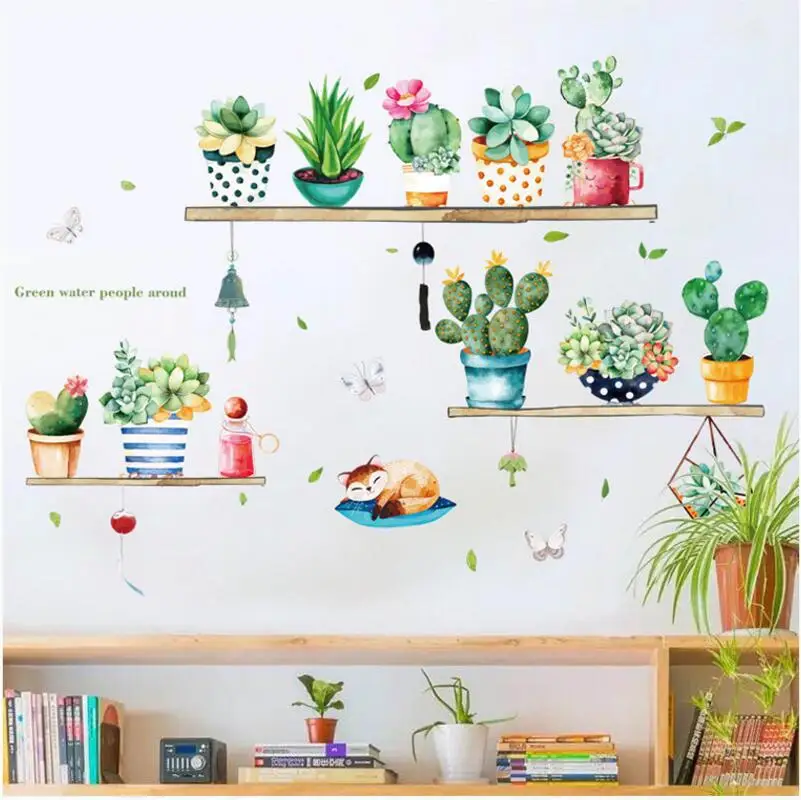 

Potted Cactus Wall Sticker Bedroom Living Room Tv Sofa Background Decoration Art Decals Home Removable Self Adhesive Stickers