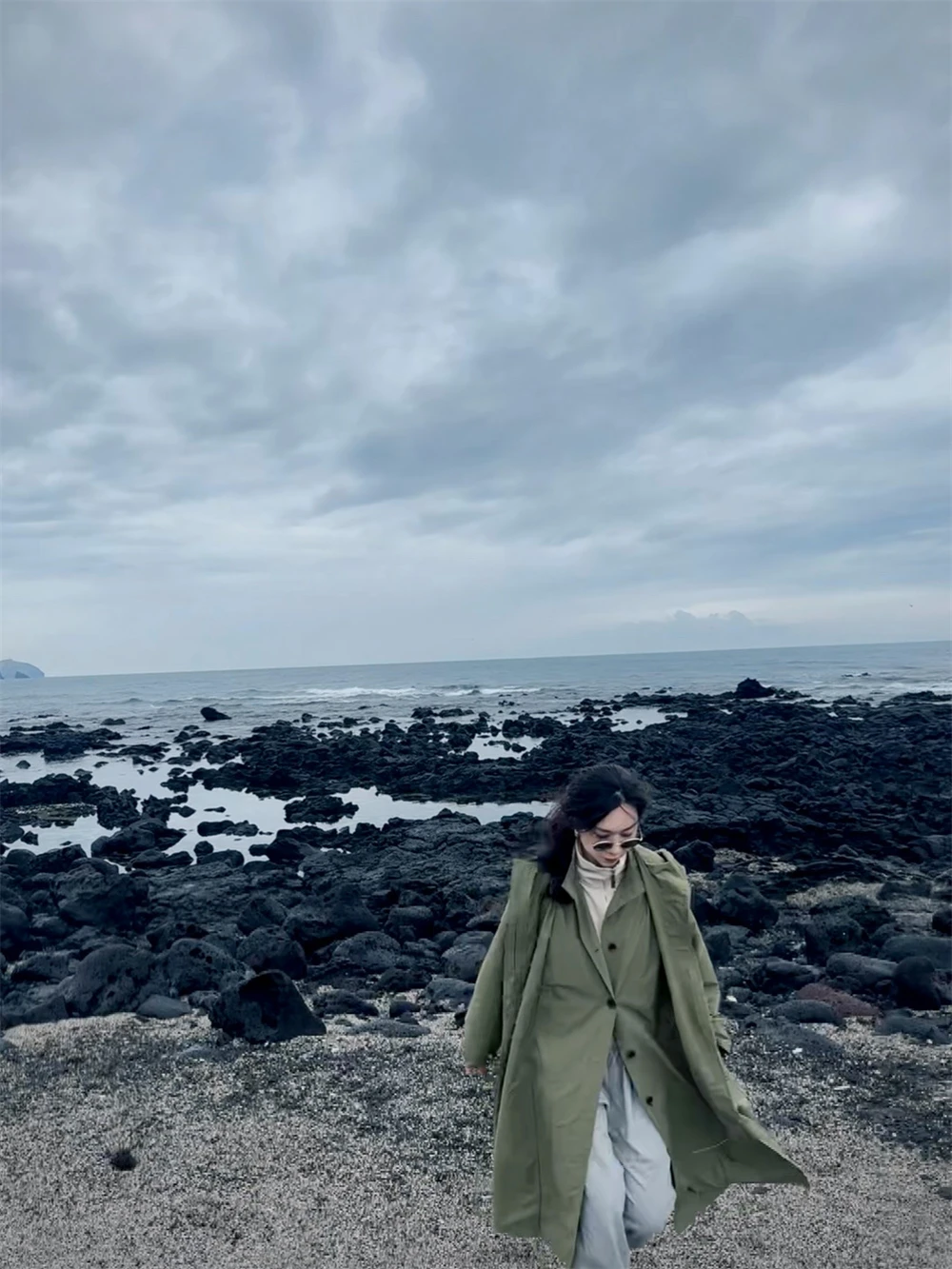 Зеленый тренчкот Jeju из двух предметов Свободный Длинный с капюшоном и