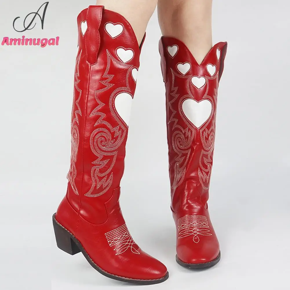 Cowboy Western Boots Pointed Toe Slip-On Heart-Shaped 2023 Spring Summer Fashion Cowgirl Comfy Women Knee High Boots Shoes