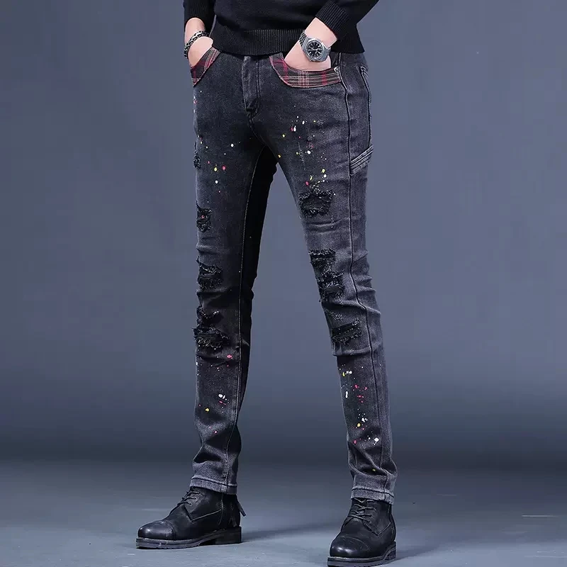 Men Ripped Patches Black Gray Jeans Autumn Slim Fit Mens Pants Fashion Dots Printed Plaid Patchwork Stretch Denim Trousers