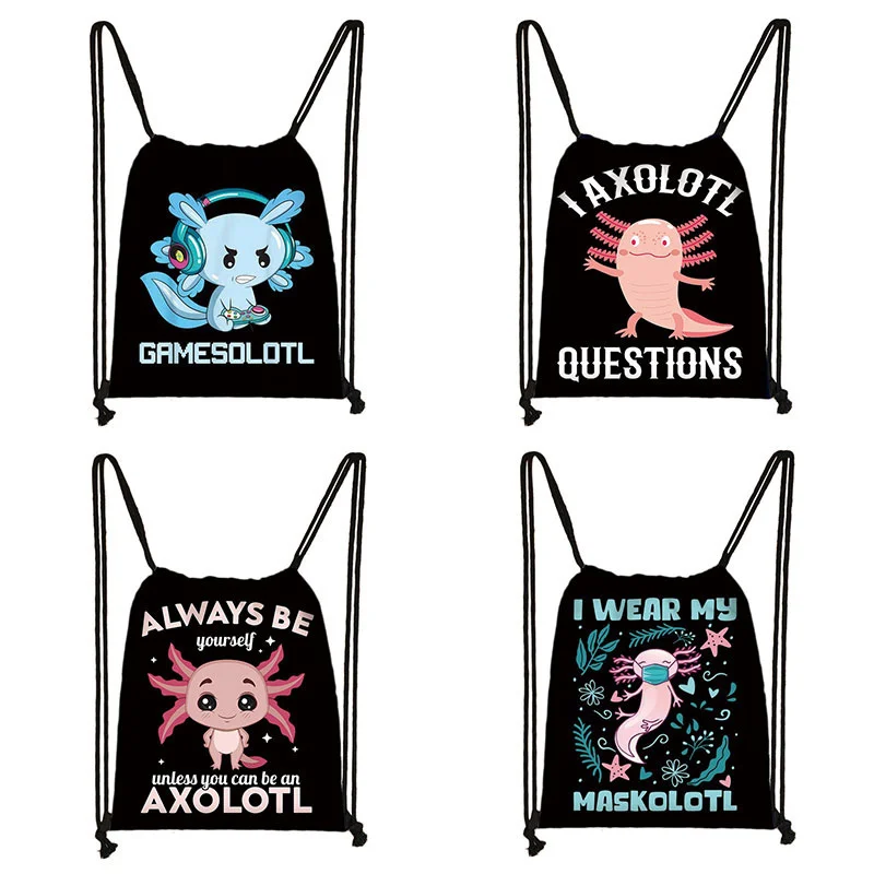 

Kawaii Cartoon Axolotl Fish Playing Video Games Backpack Sea Otters Axolotl / Ferret Harajuku Drawstring Bags Canvas Travel Bag