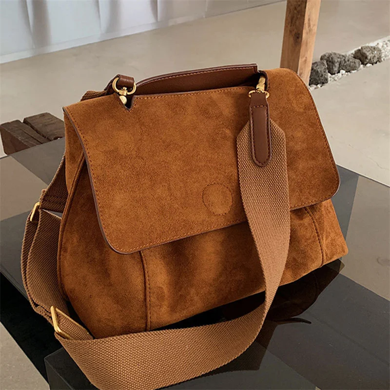 

Nubuck PU Leather Flap Shoulder Bags For Women Vintage Wide Strap Crossbody Bag Large Capacity Women Designer Handbags Tote Bag