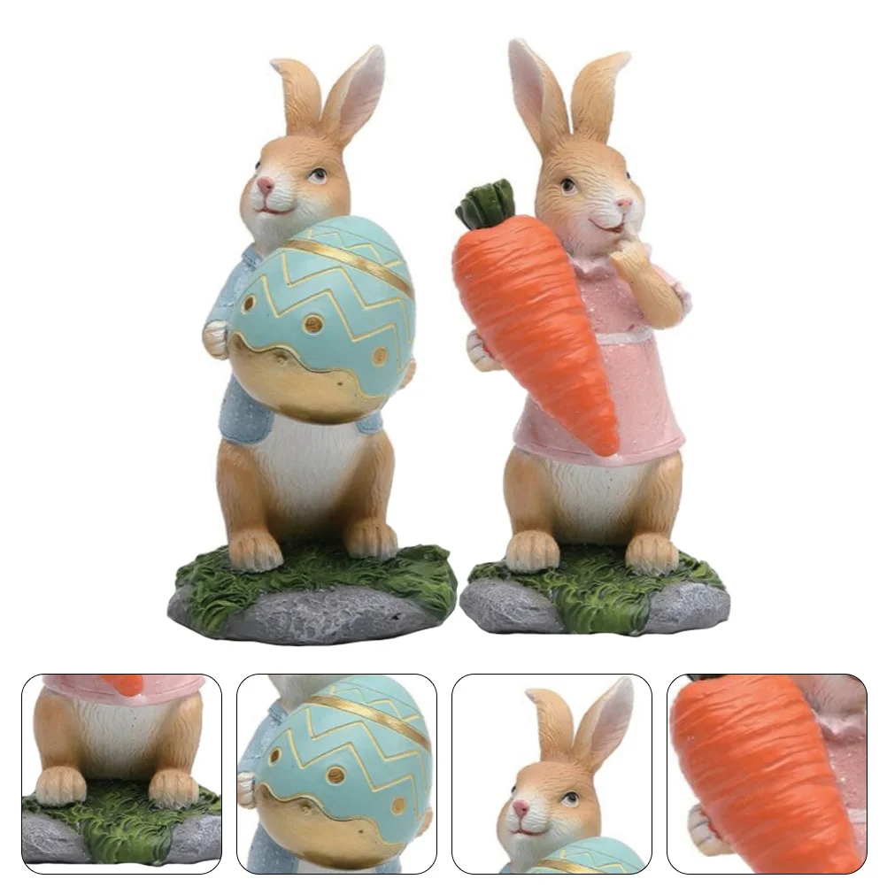 

2pcs Adornments Bunny And Carrot Egg Figurine Easter Rabbit Figurine Exquisite Resin Decor for Photography